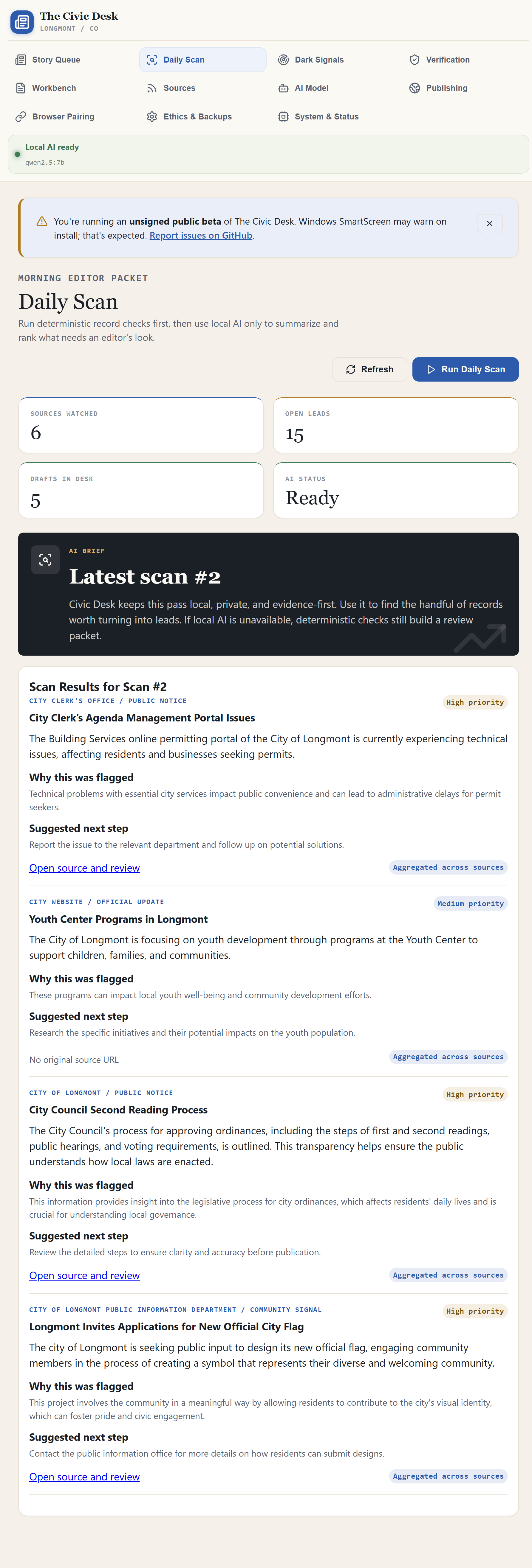 The Civic Desk Daily Scan screen showing watched sources, open leads, AI status, and scan results.