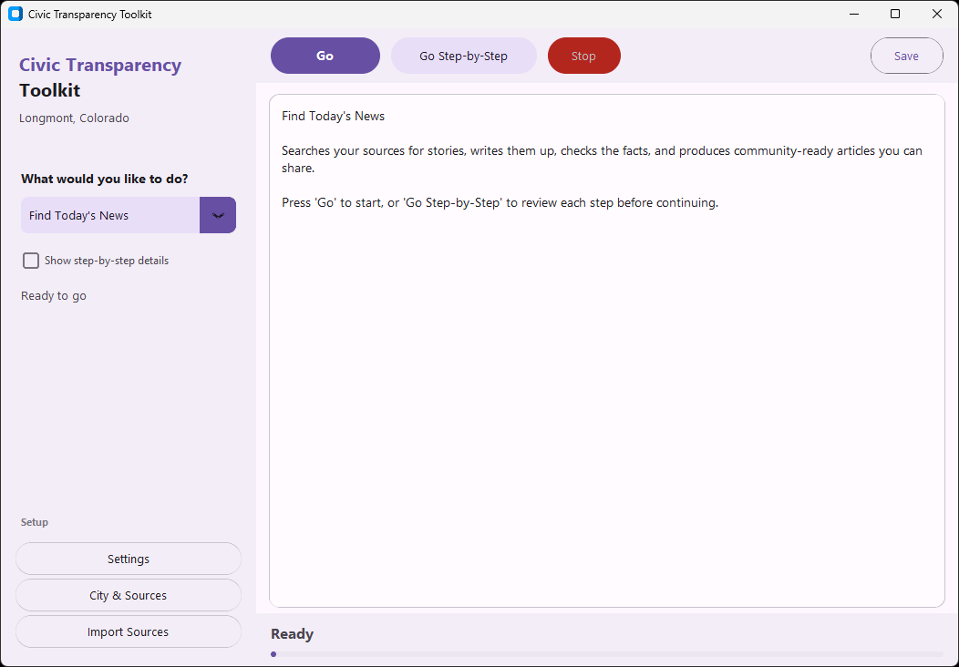 Civic Transparency Toolkit main dashboard showing workflow selection and source configuration