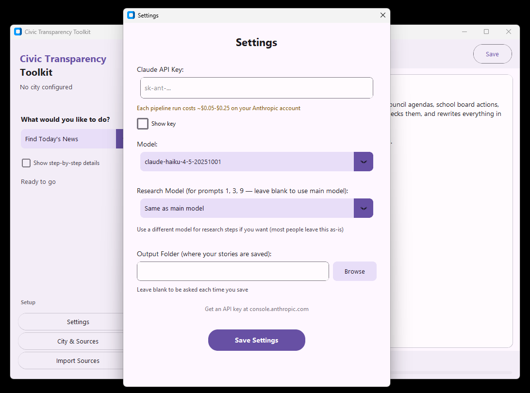Settings panel with API key, model selection, and output folder configuration