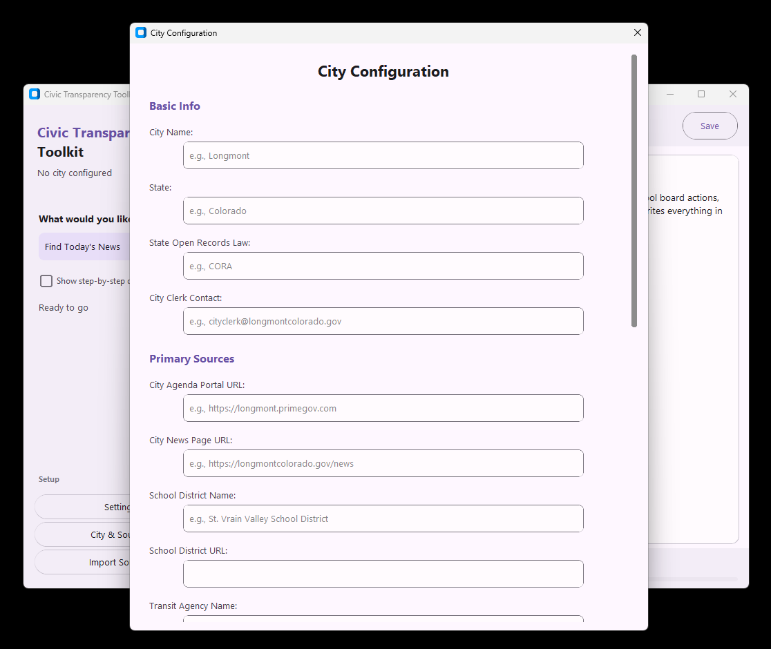 City configuration form with primary sources, URLs, and additional source management