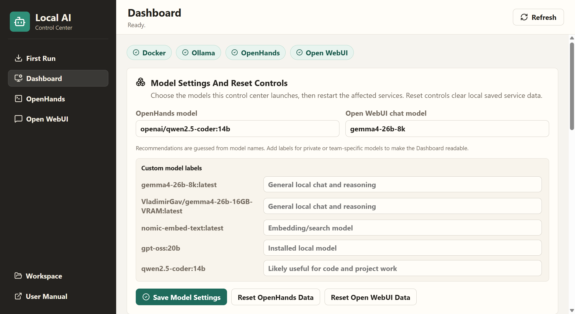 Local AI Control Center dashboard showing Docker, Ollama, OpenHands, Open WebUI, models, and local runner status