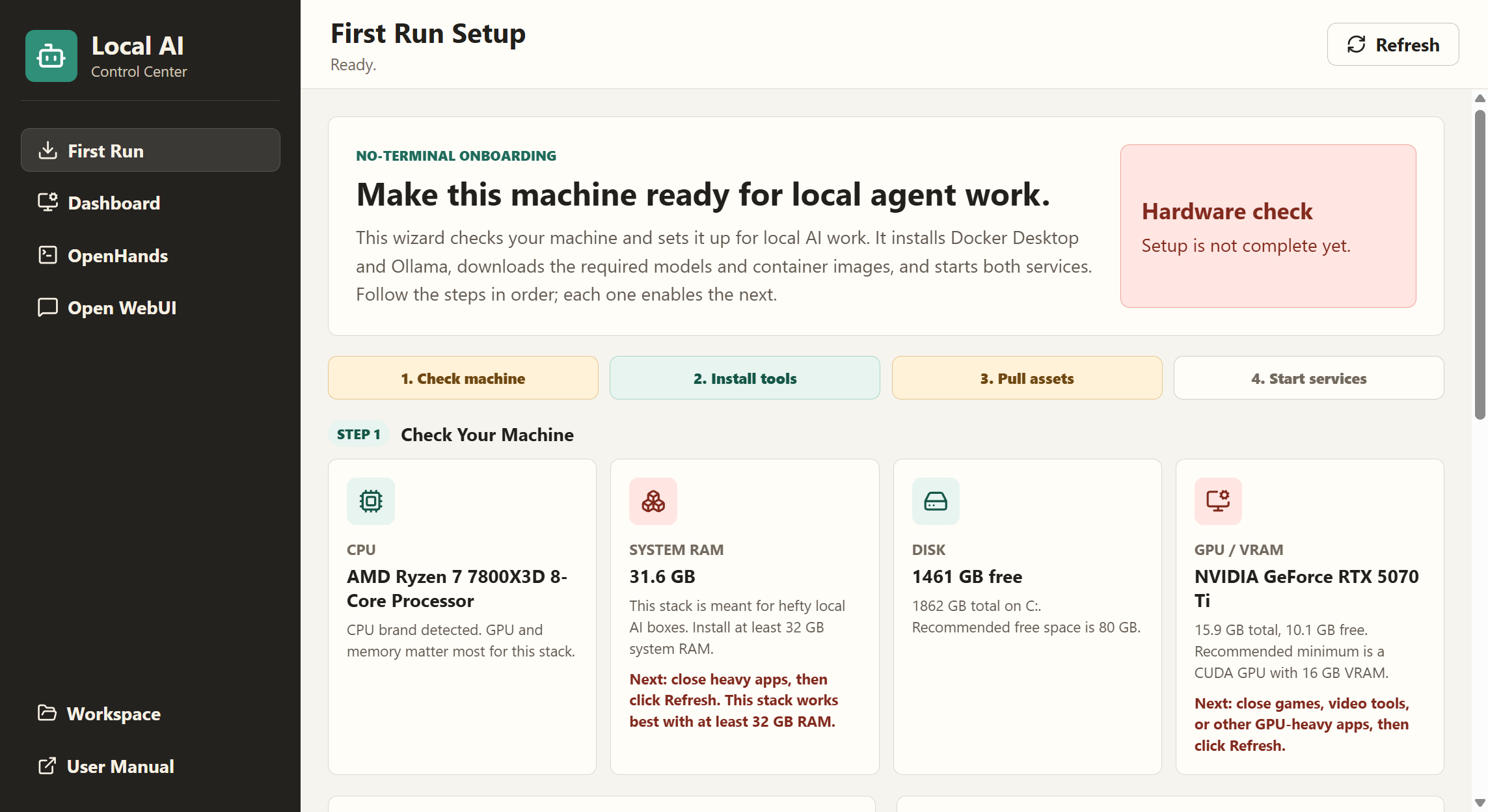 Packaged Local AI Control Center First Run setup screen with hardware checks and step progress